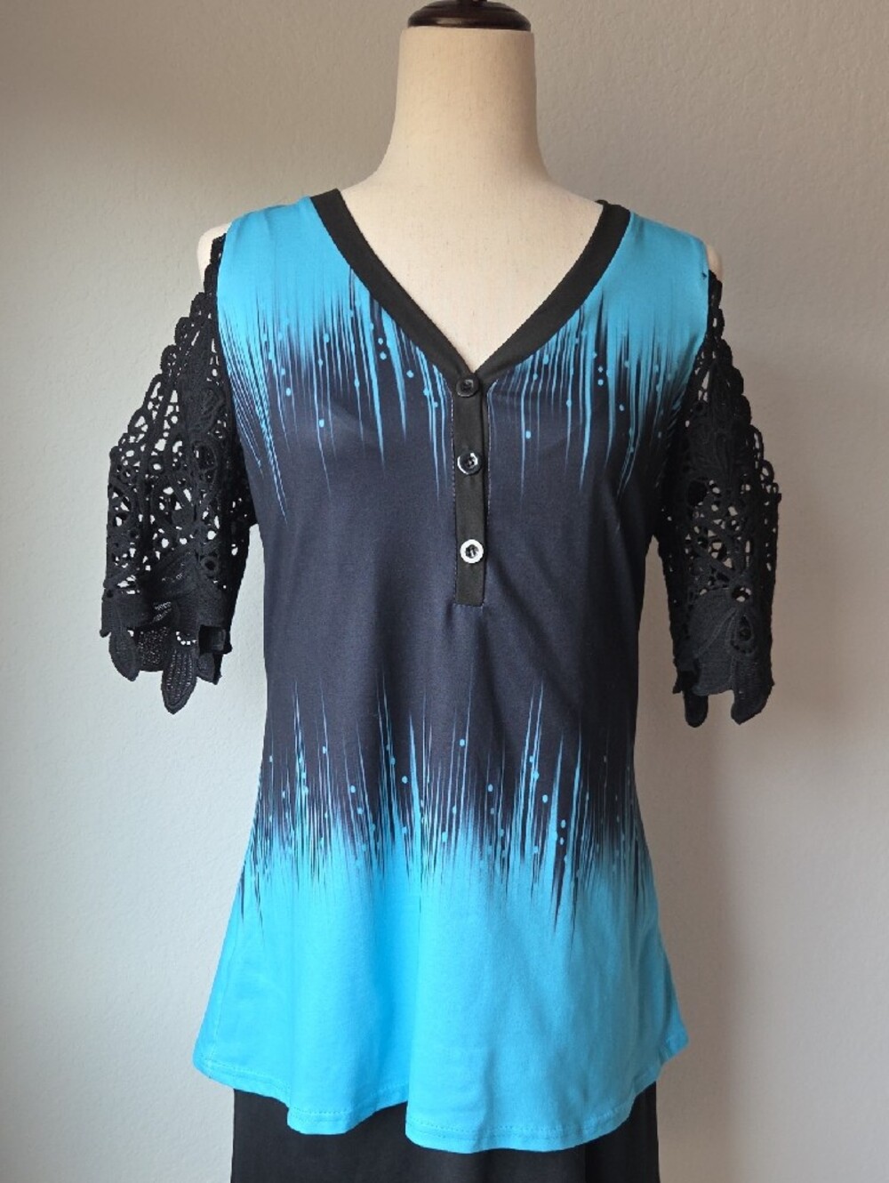 Cold-Shoulder V-Neck Lace Cold Shoulder Blue Black Beautiful Karen Shirt Novelty